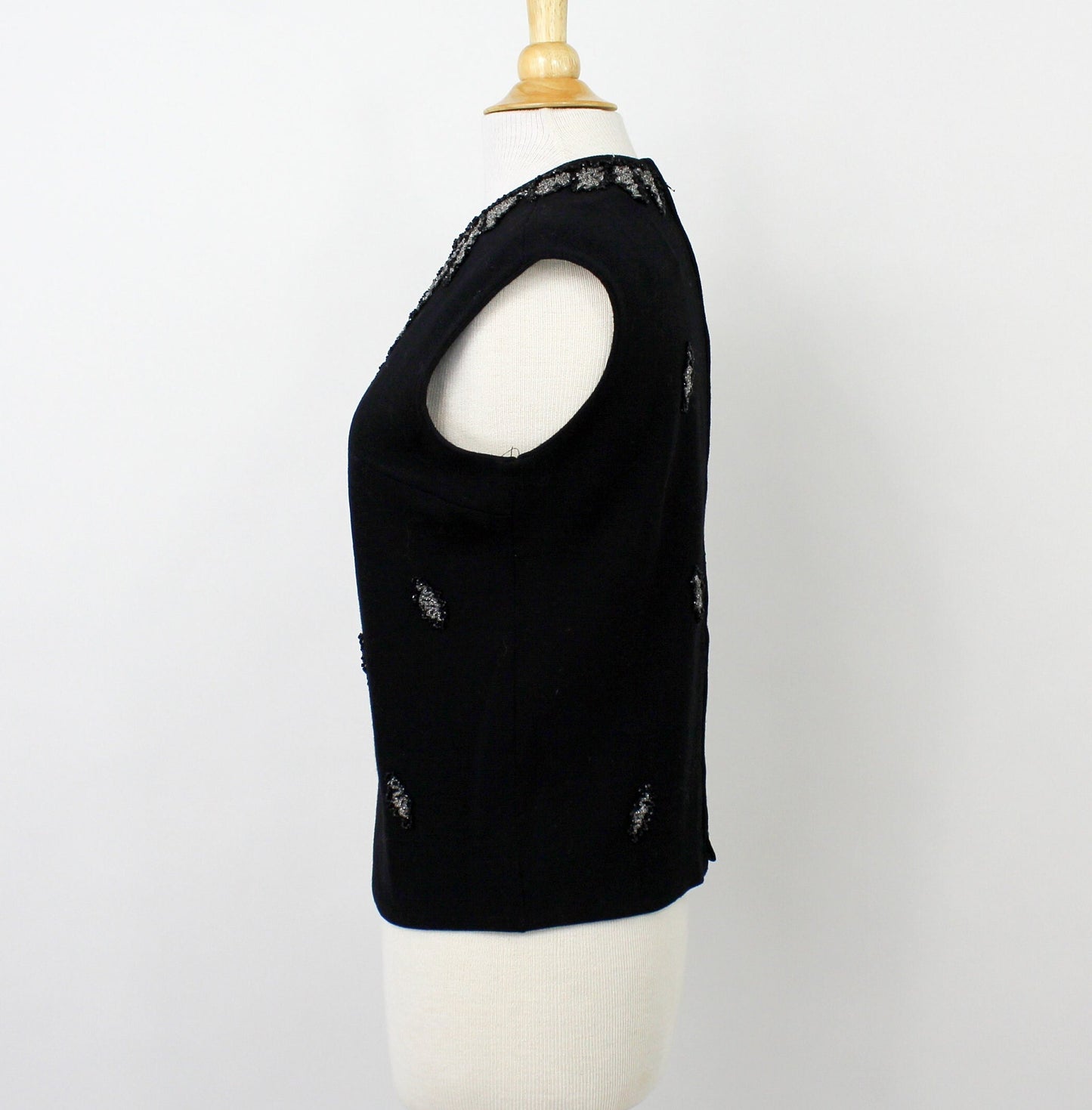 1960s Black Sleeveless Sweater | 60s Black Wool Beaded Top | Medium