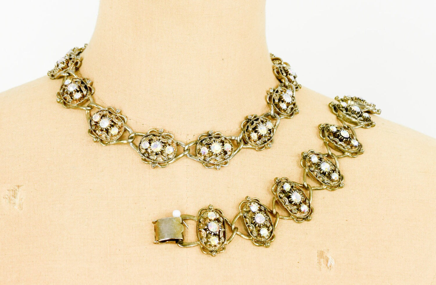 1950s Rhinestone Necklace Bracelet Set | Bronze Tone Baroque Jewelry