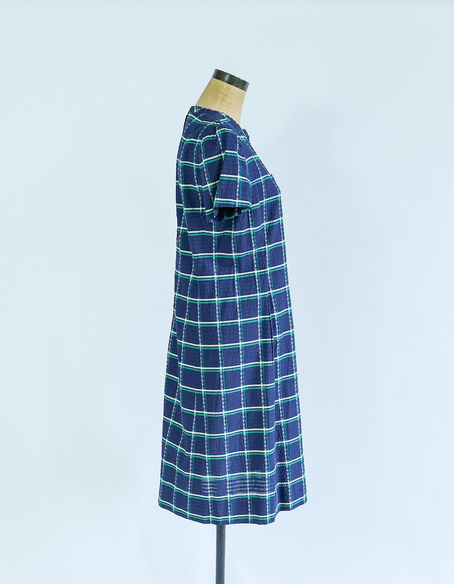 1960s Blue Plaid Dress & Jacket | Navy Seersucker Set, Large