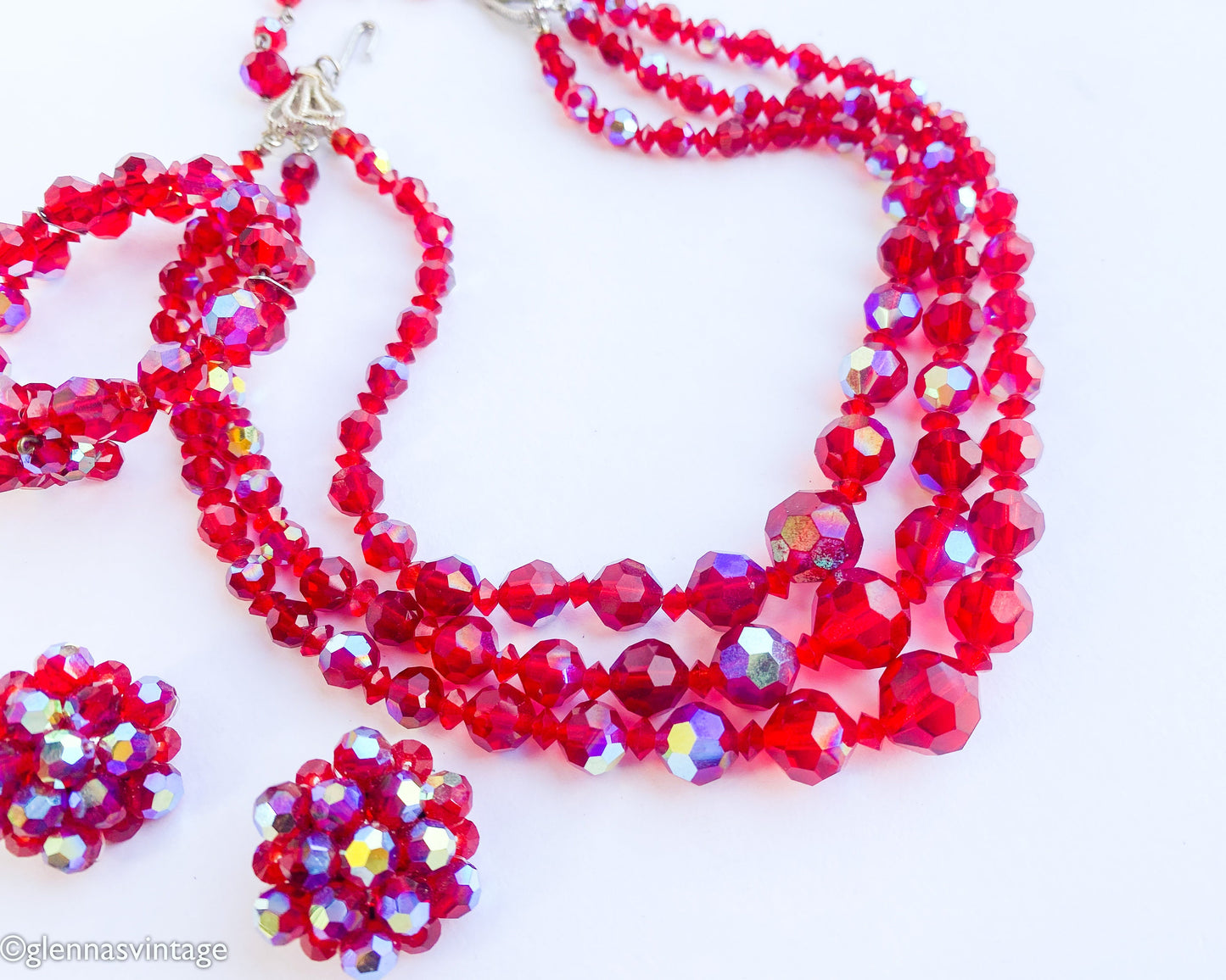 1950s Red Aurora Borealis Crystal Necklace Bracelet Earrings Set, Parure Jewelry set