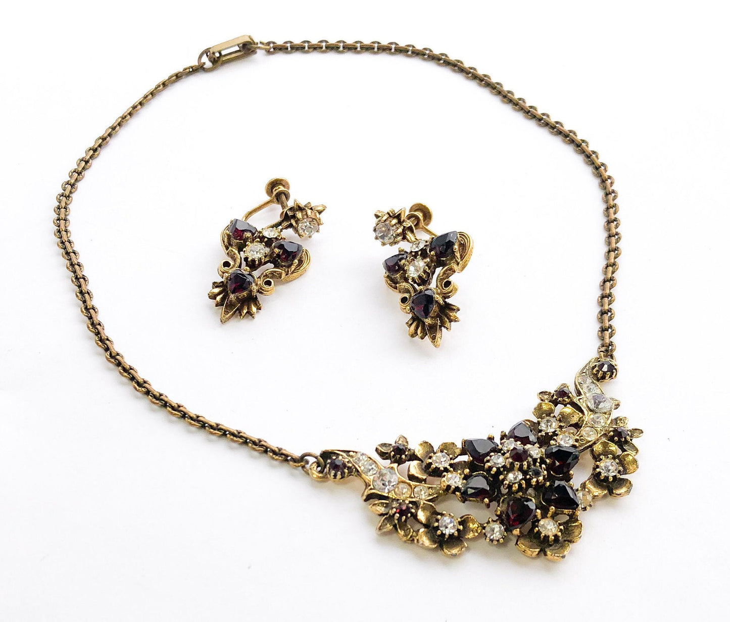1940s Garnet Rhinestone Necklace & Earrings Jewelry Set