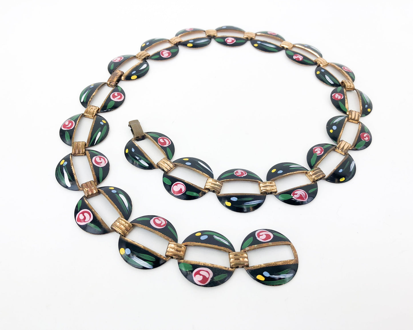 1950s Vintage Copper Enamel Necklace | Floral Painted Copper Choker