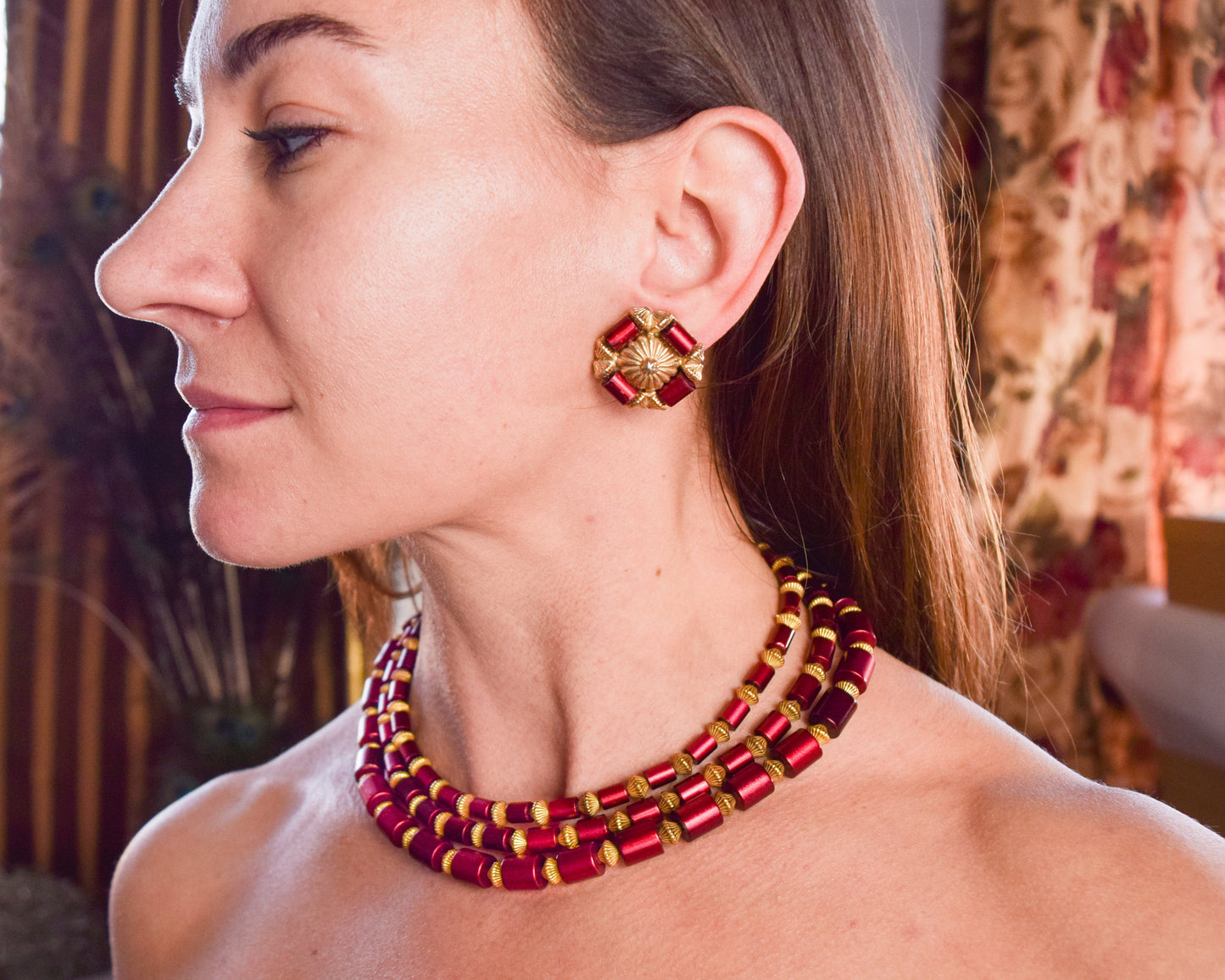 1960s Red Necklace Earrings Set | 60s Red Plastic Bead Necklace Set