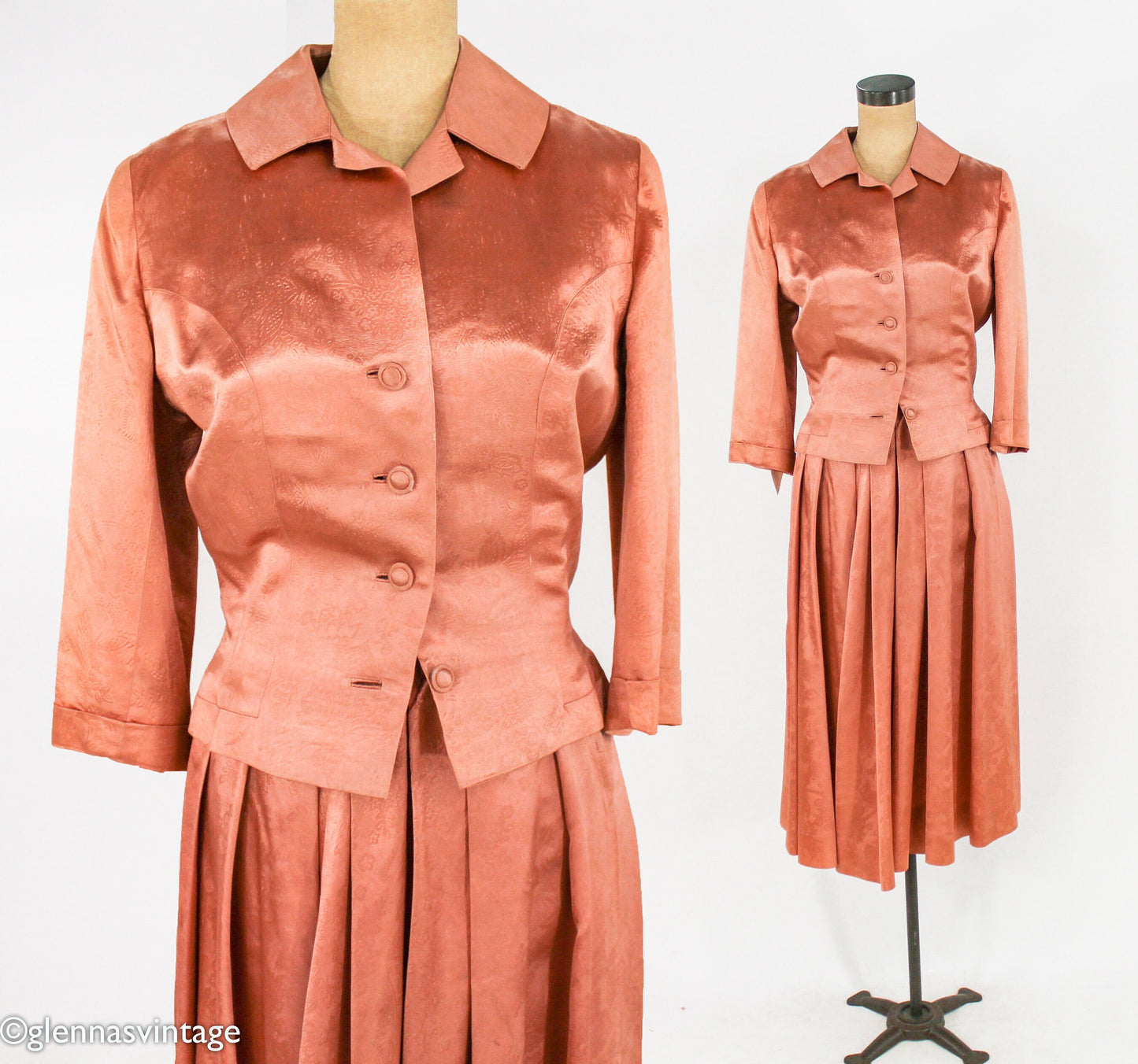 1940s Peach Satin Suit Set | 40s Orange Satin Wedding Skirt Suit Set | Medium