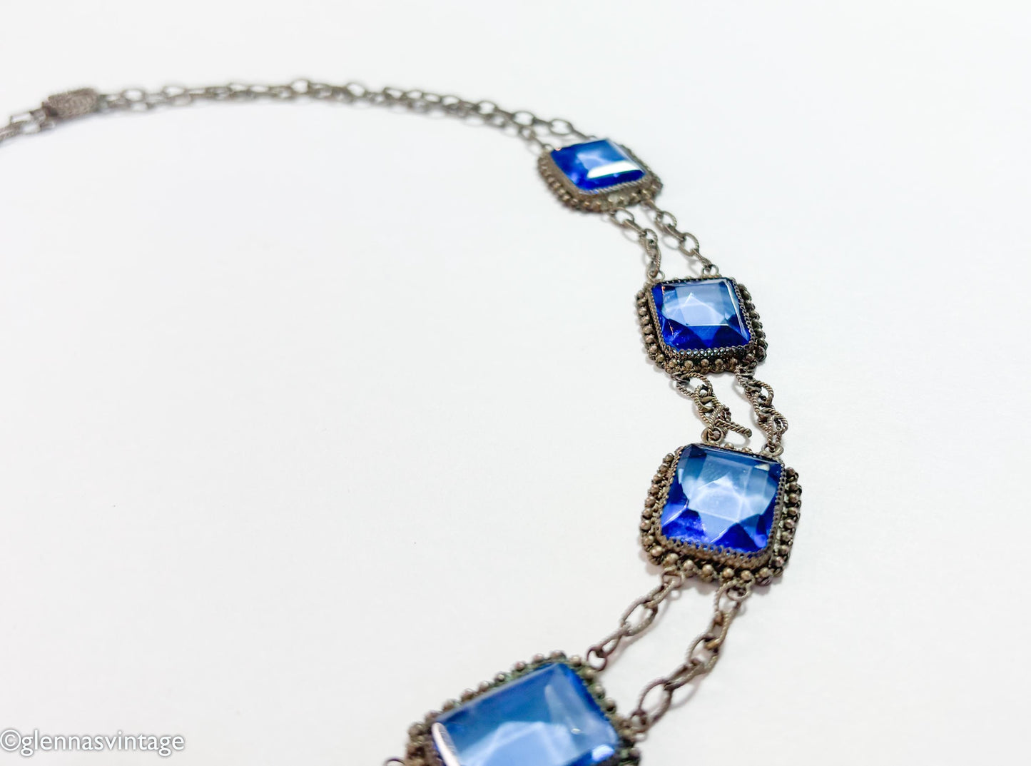 1900s Edwardian Blue Glass & Filigree Rectangle Necklace