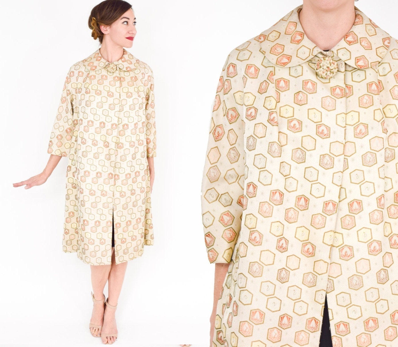 1950s Beige Silk Brocade Evening Coat | 50s Gold and Beige Silk Coat | Tailor Hong Kong | Large
