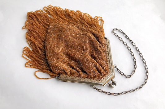 1900s Gold Beaded Evening Handbag | Gold  Loop Fringe Bag