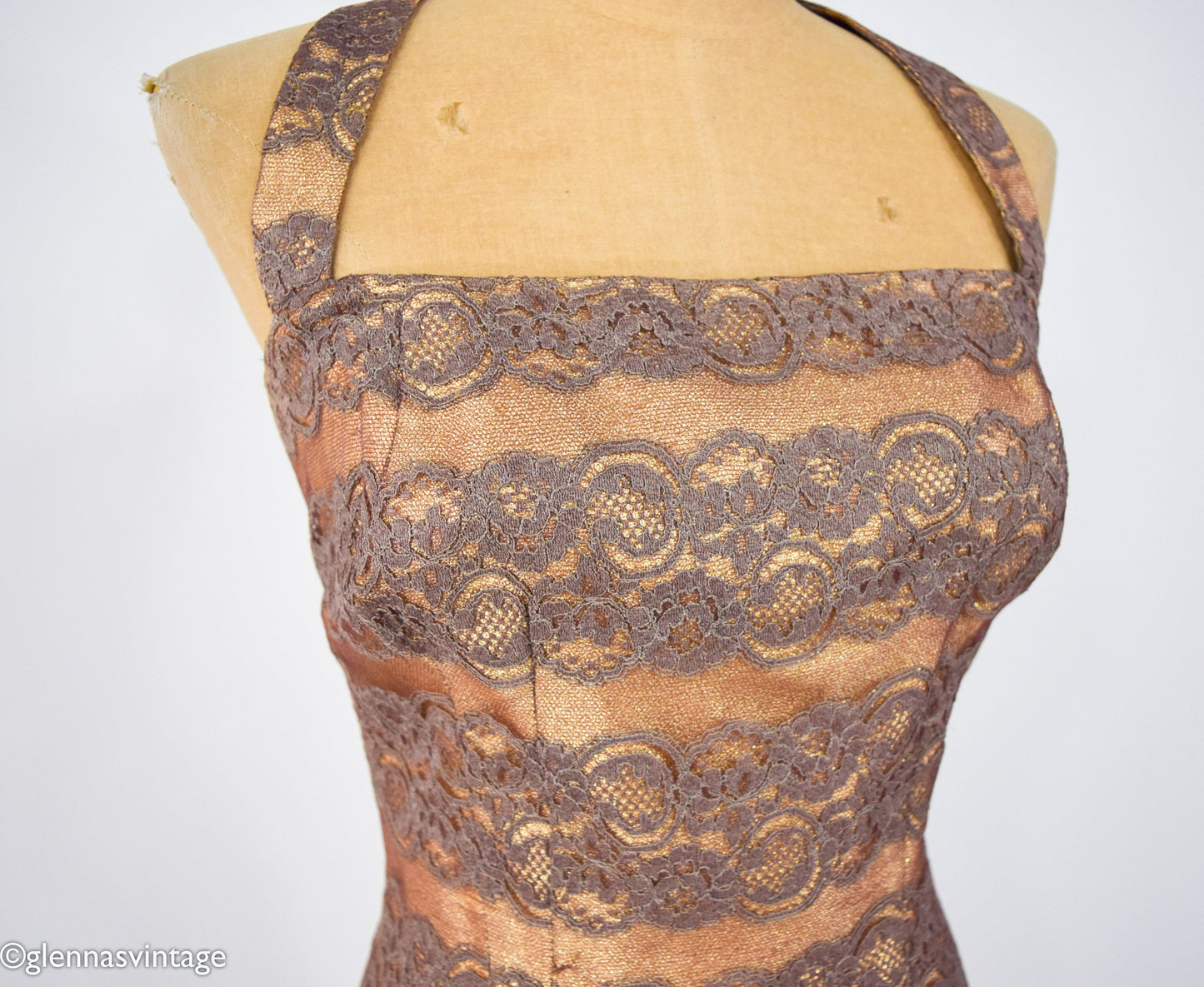 1950s Gold Lame & Brown Lace Sheath, Small