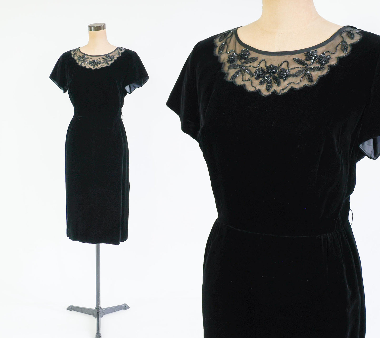 1950s Black Velvet Cocktail Dress, Large