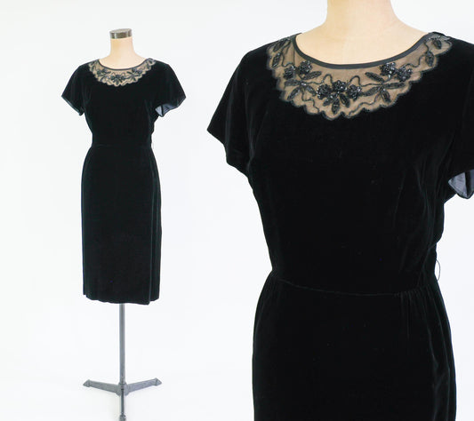1950s Black Velvet Cocktail Dress, Large