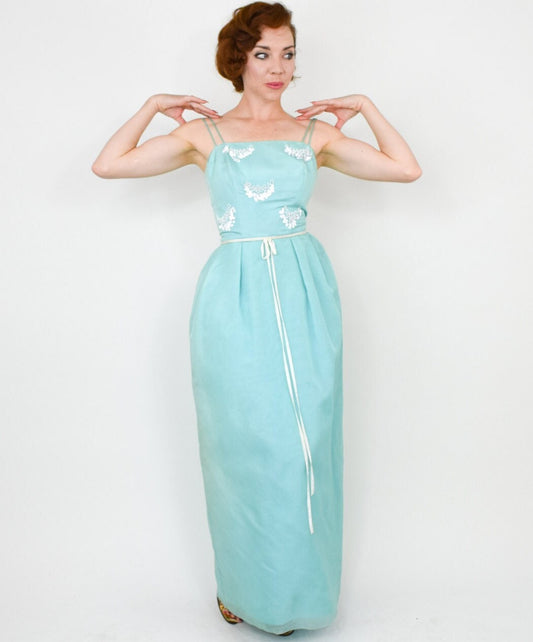 1950s Turquoise Blue Column Dress, Extra Small