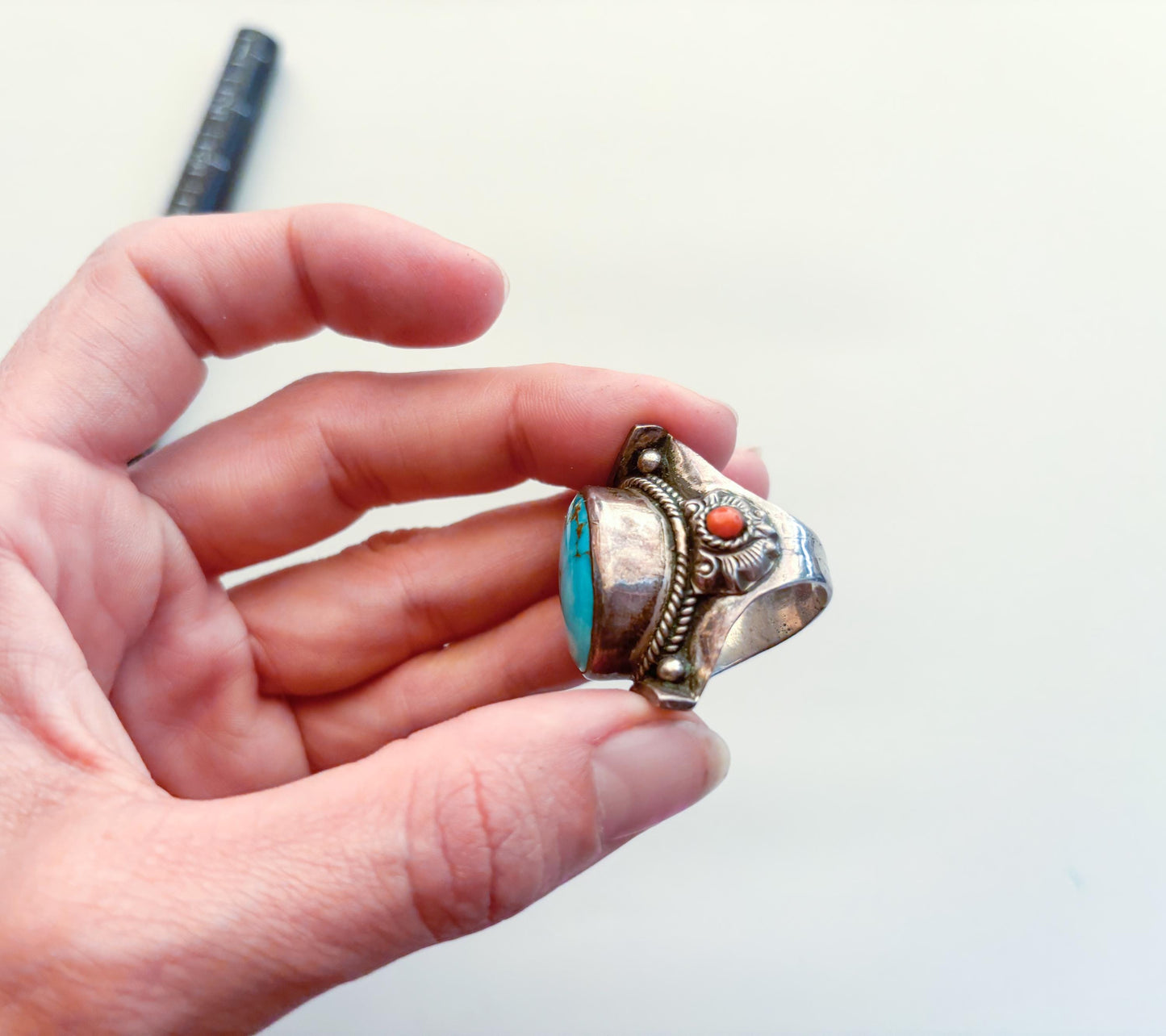 1940s Sterling Silver Turquoise Ring, Statement Large Silver Setting, Size 9