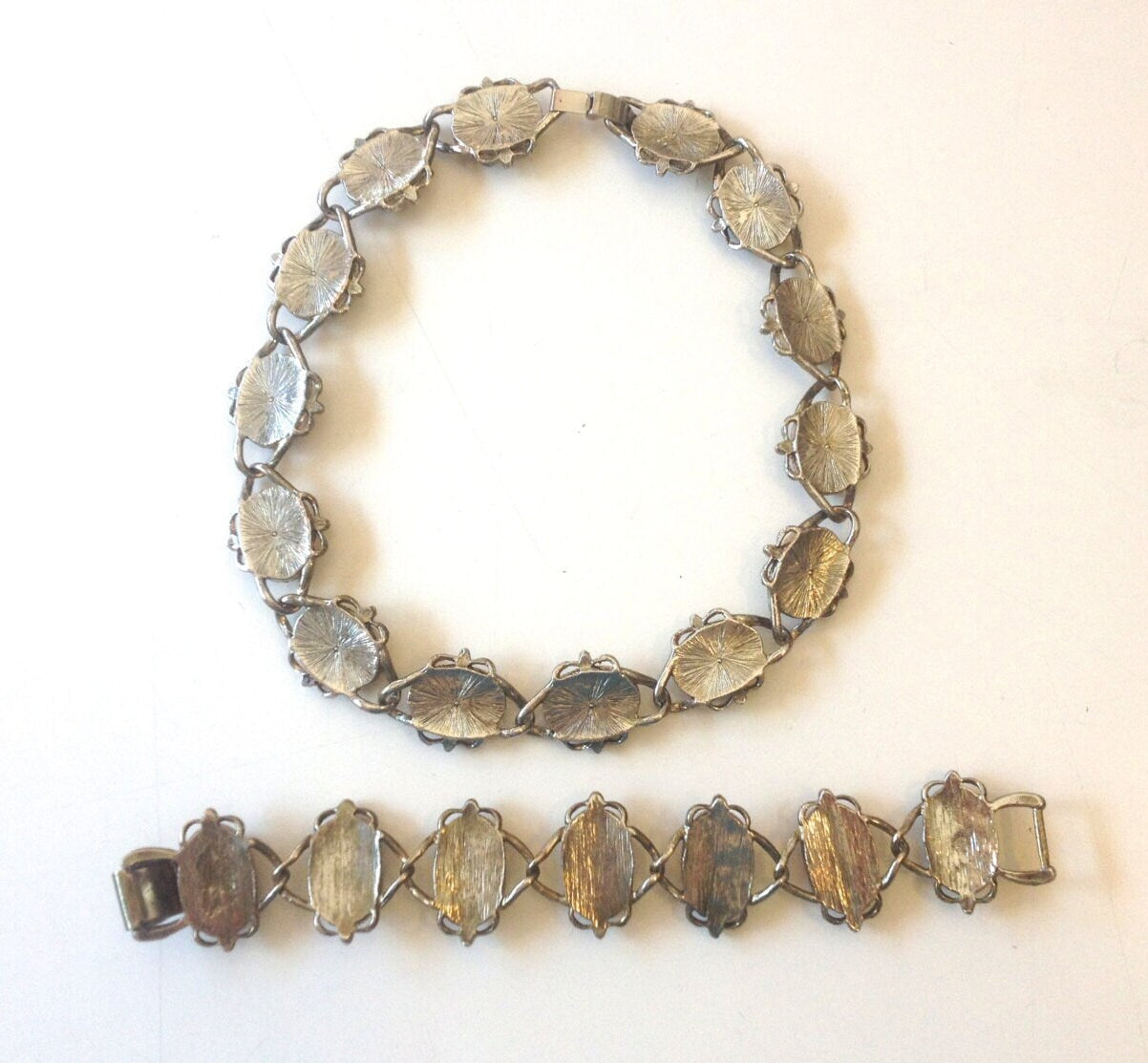 1950s Rhinestone Necklace Bracelet Set | Bronze Tone Baroque Jewelry