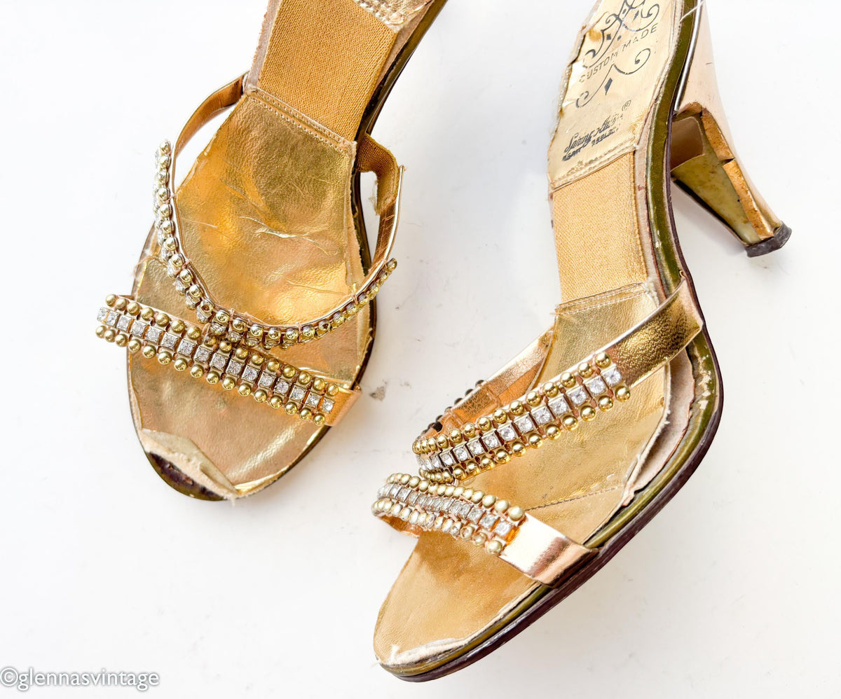 1950s Gold Springolators Heels Heeled Sandals, Size 7