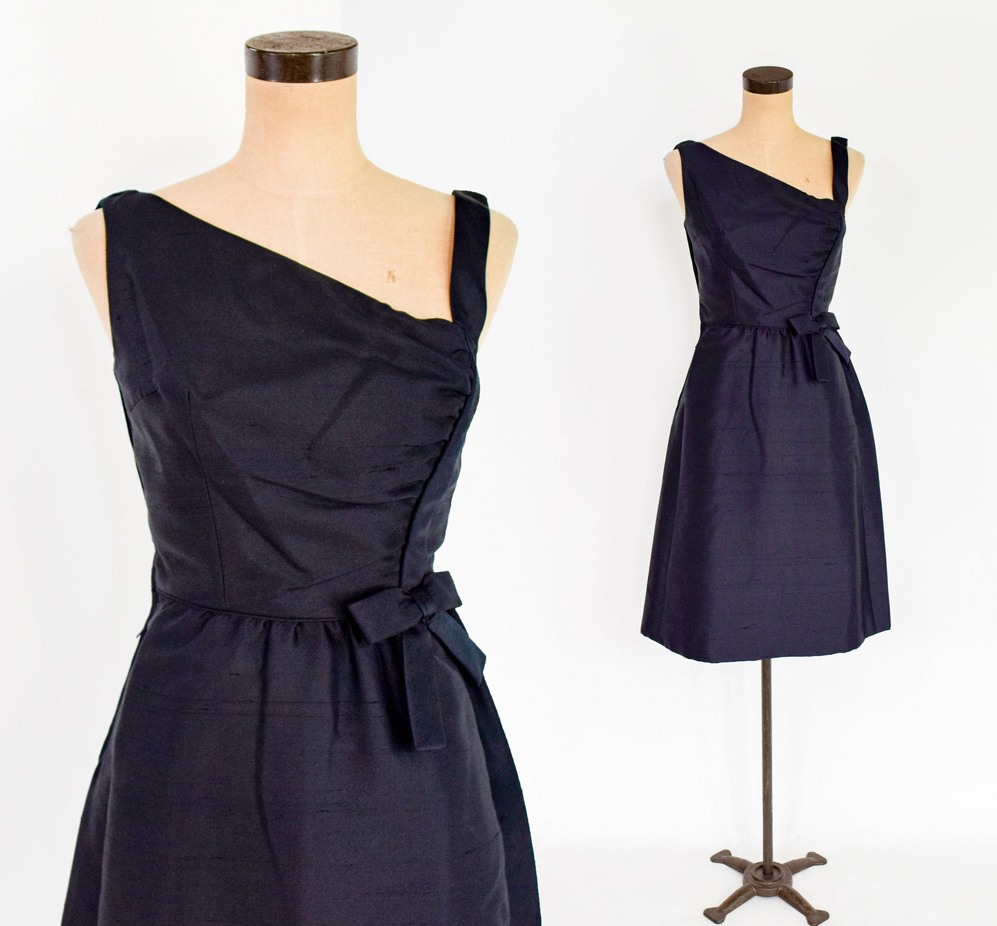 1950s Black Silk Shantung Cocktail Dress, Small