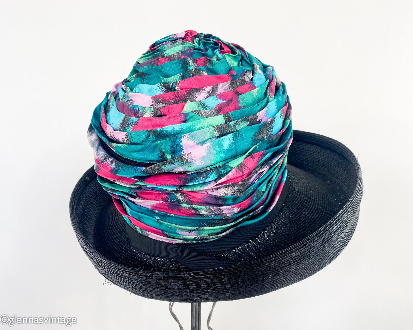 1960s Turquoise Print Silk High Crown Hat