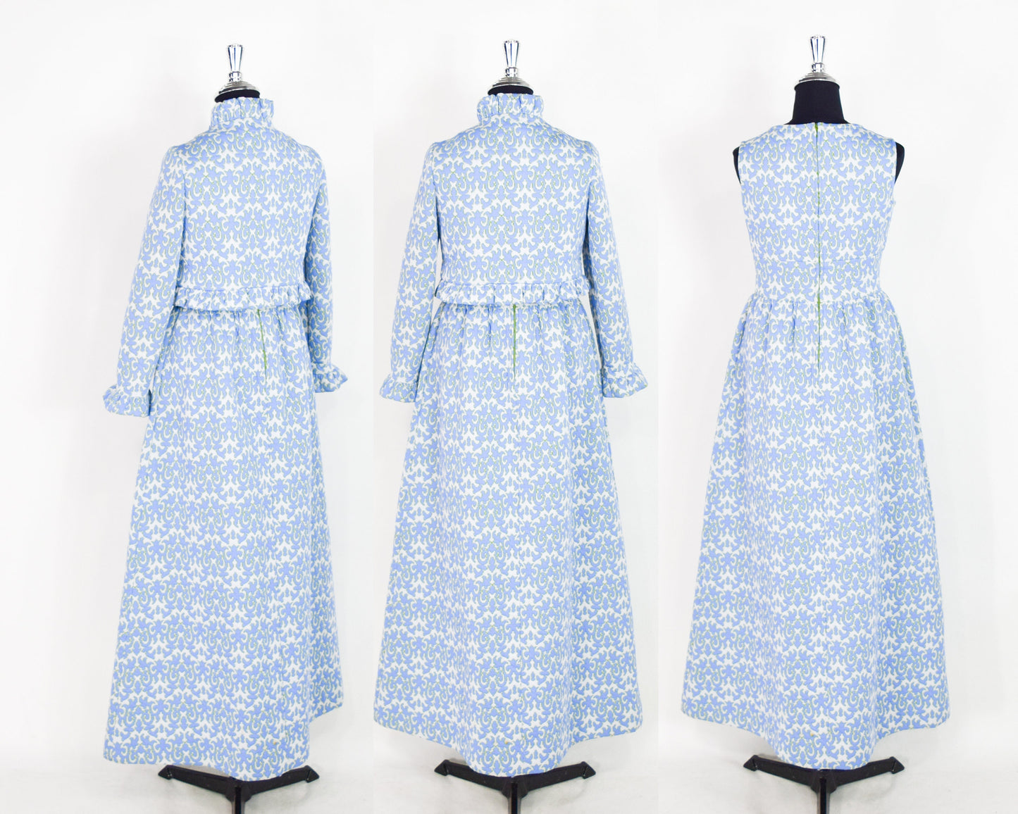 1970s Blue Floral Maxi Dress & Jacket | 70s Sky Blue Maxi Dress Set |  BELFRY | Medium