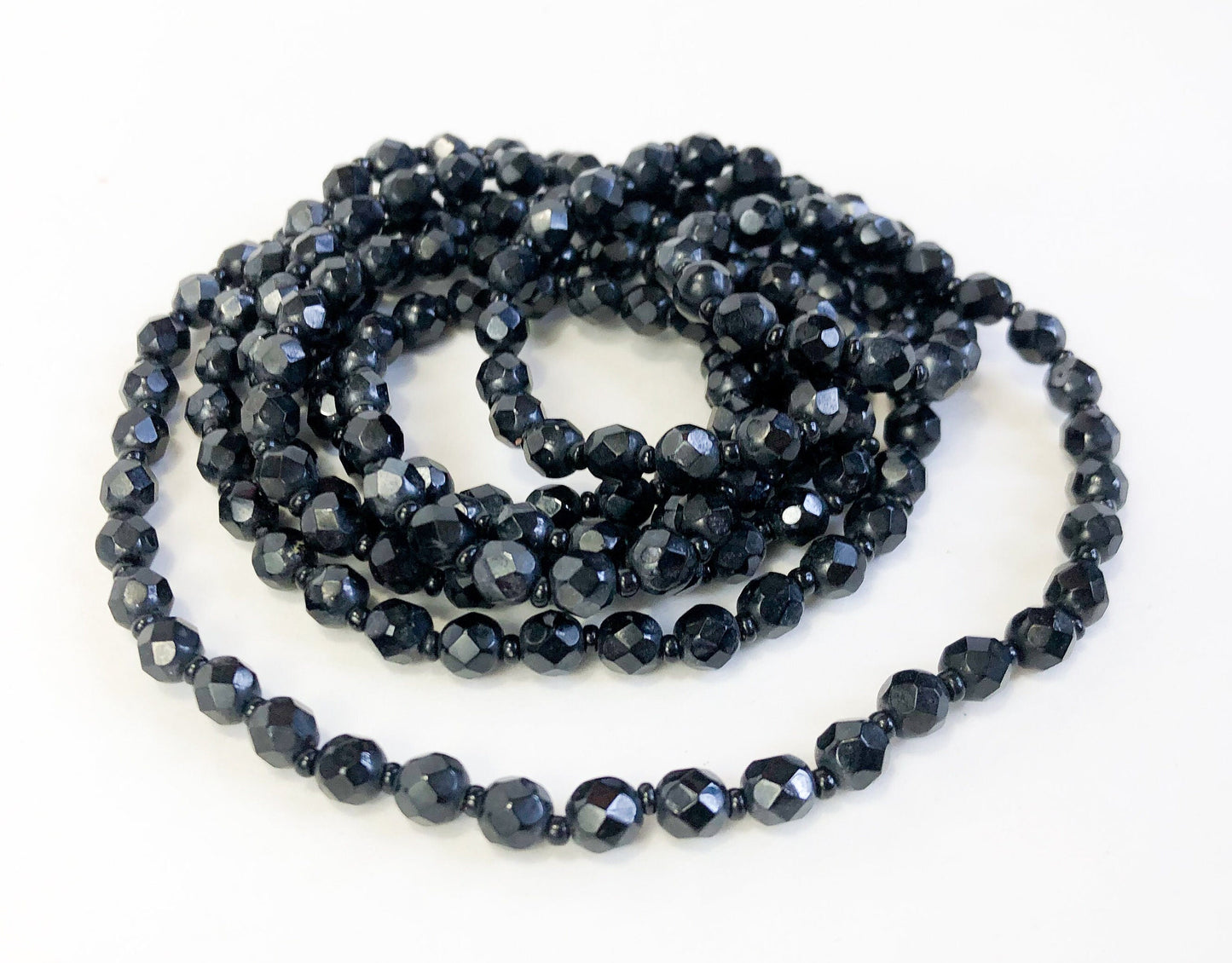 1960s Glass Beaded Necklace | 60s Black Faceted Glass Bead Rope