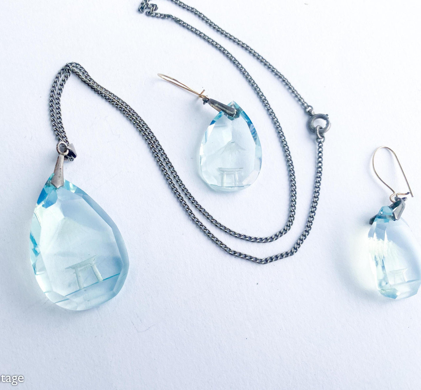1950s Mt Fuji Scene in Blue Glass Pendant Necklace and Earring Set