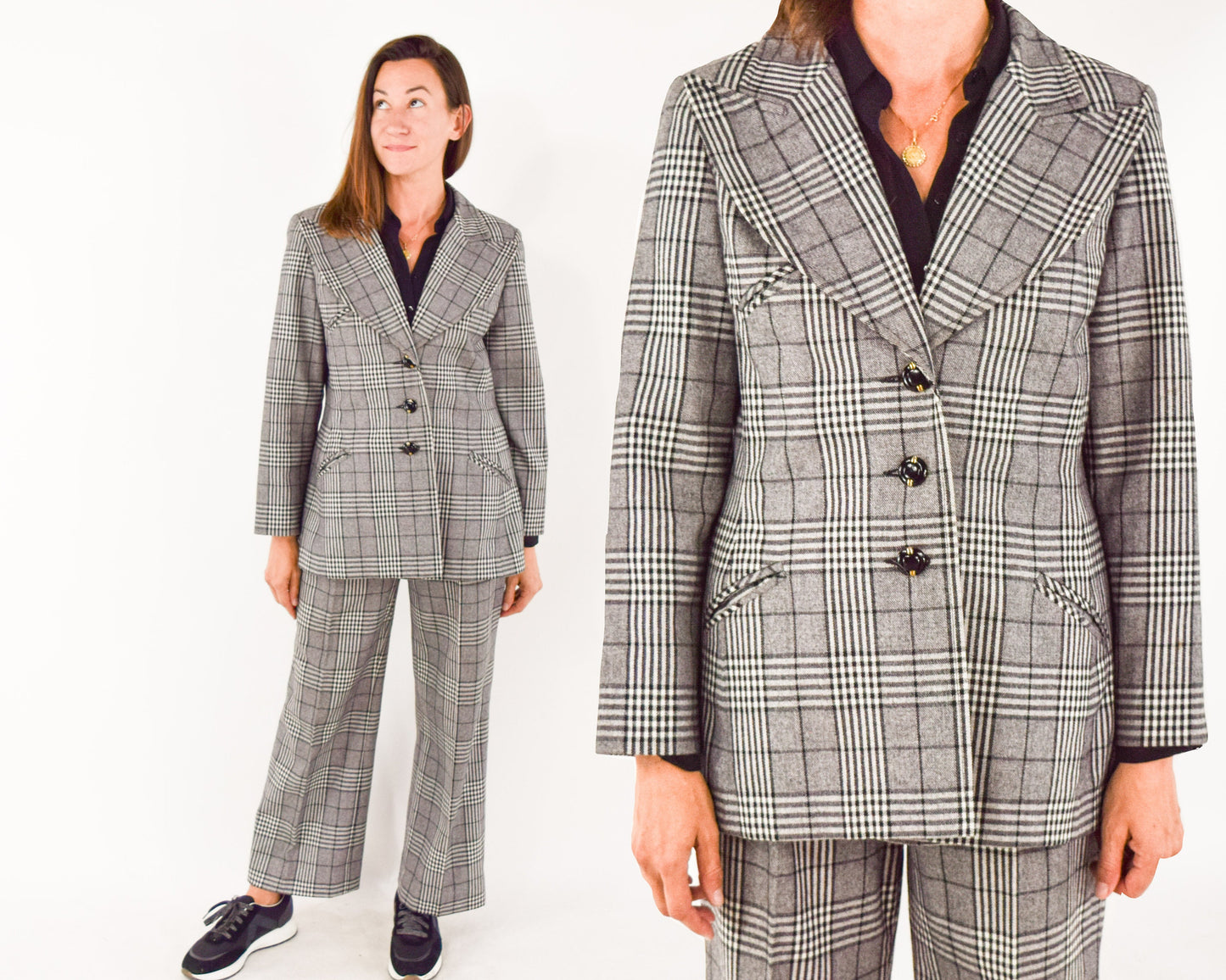 1970s Gray Plaid Wool Pantsuit, Jacket & Pants Set, Large