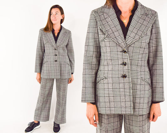 1970s Gray Plaid Wool Pantsuit, Jacket & Pants Set, Large