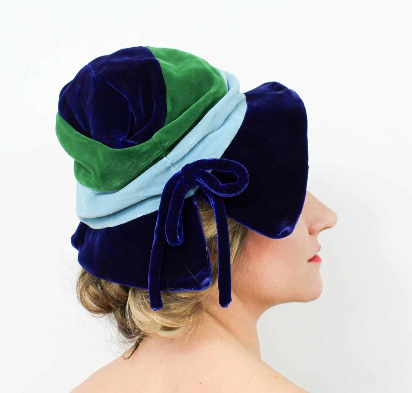 Dachettes | 1960s Blue Velvet Slouch Hat | 60s Blue & Green Striped Hat | Dachettes