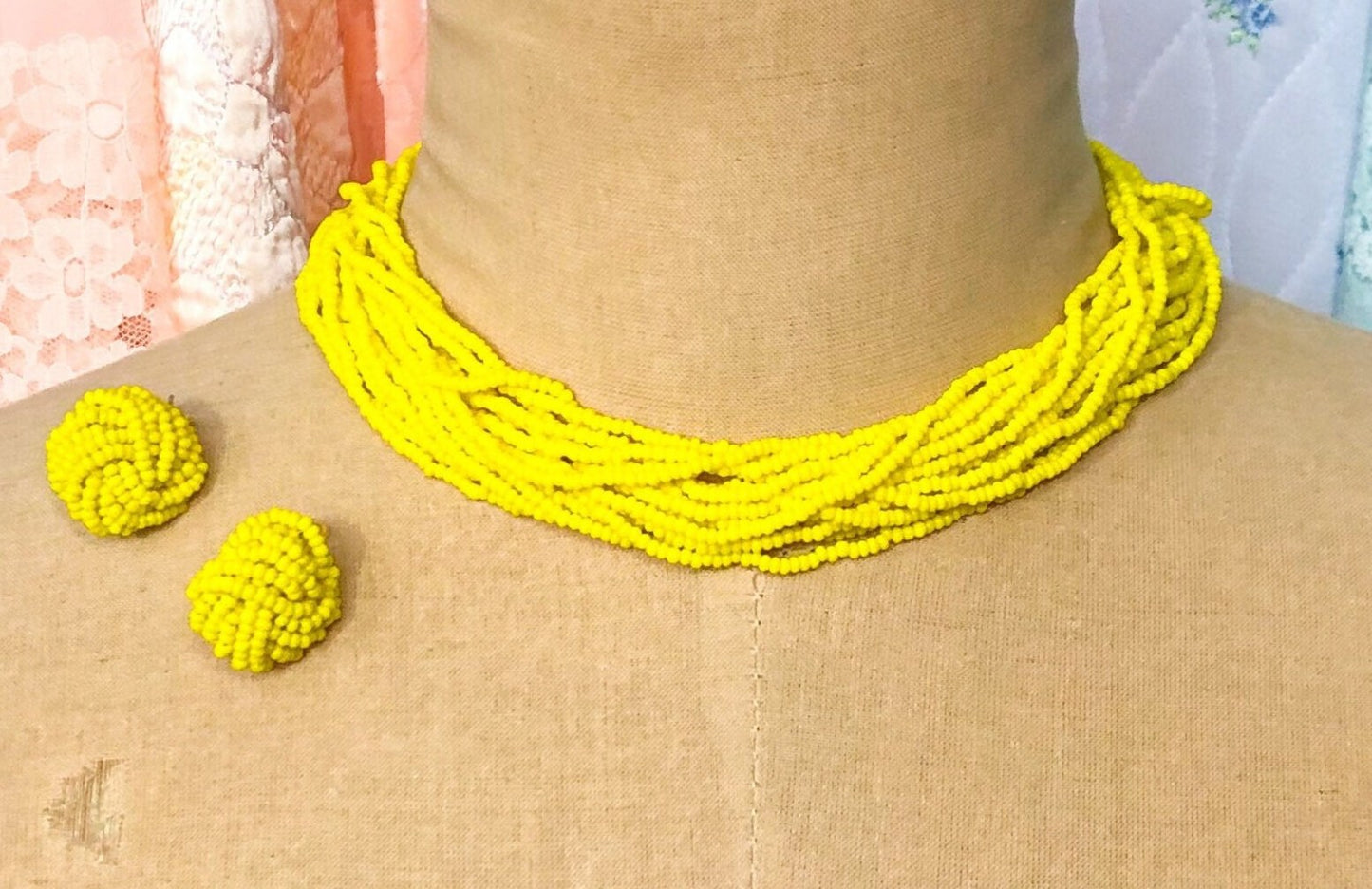 1960s Yellow Beaded Necklace & Clip Earrings Jewelry Set
