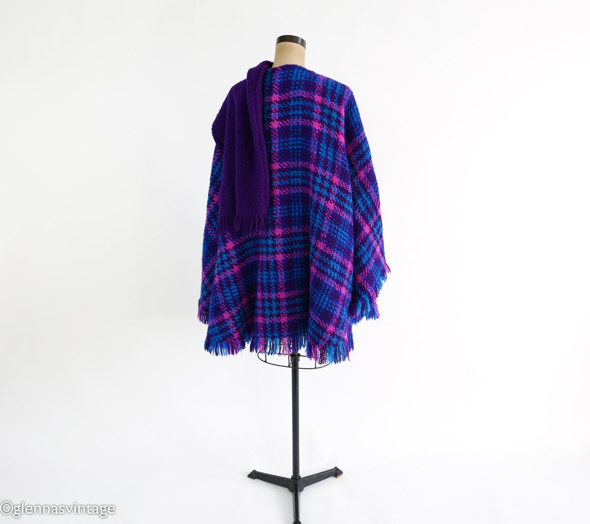 1980s Purple Blue Plaid Cape Irish Wool Cape, One Size