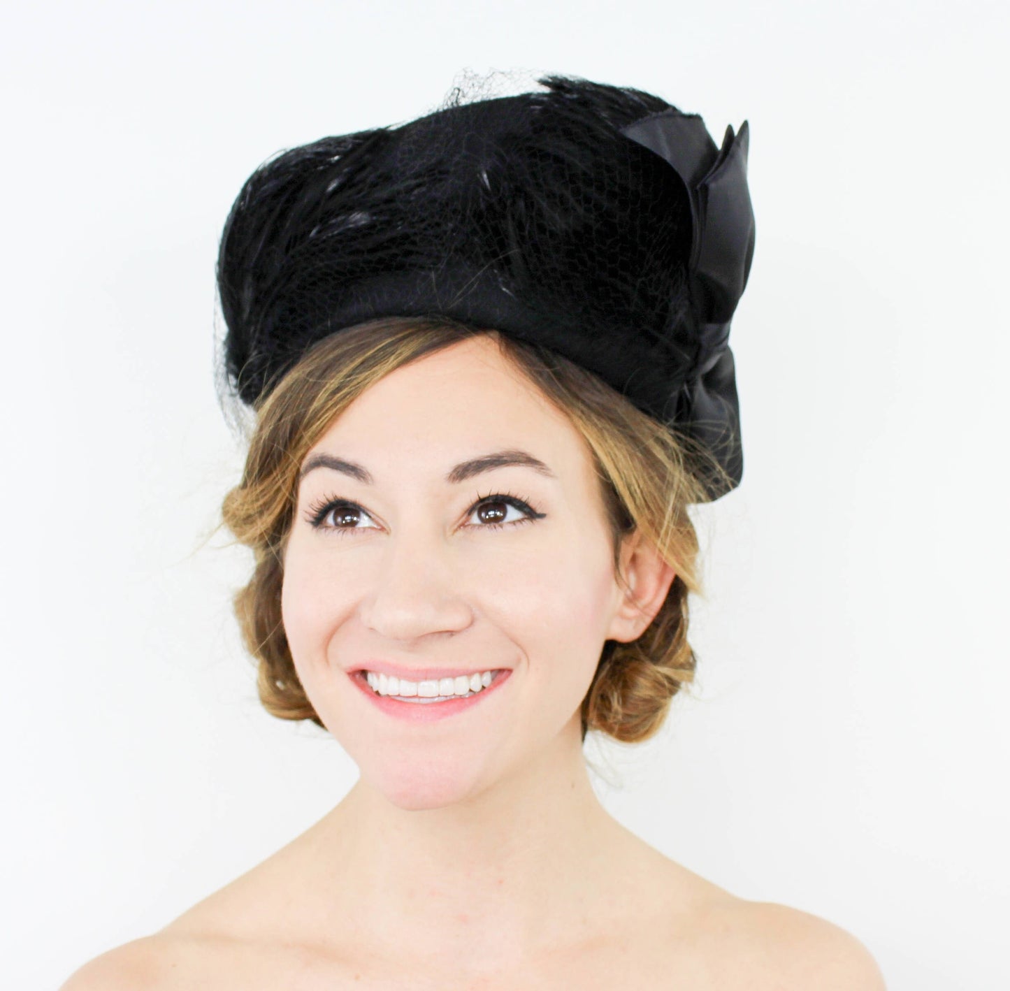 1940s Black Feather Hat with Satin Bow