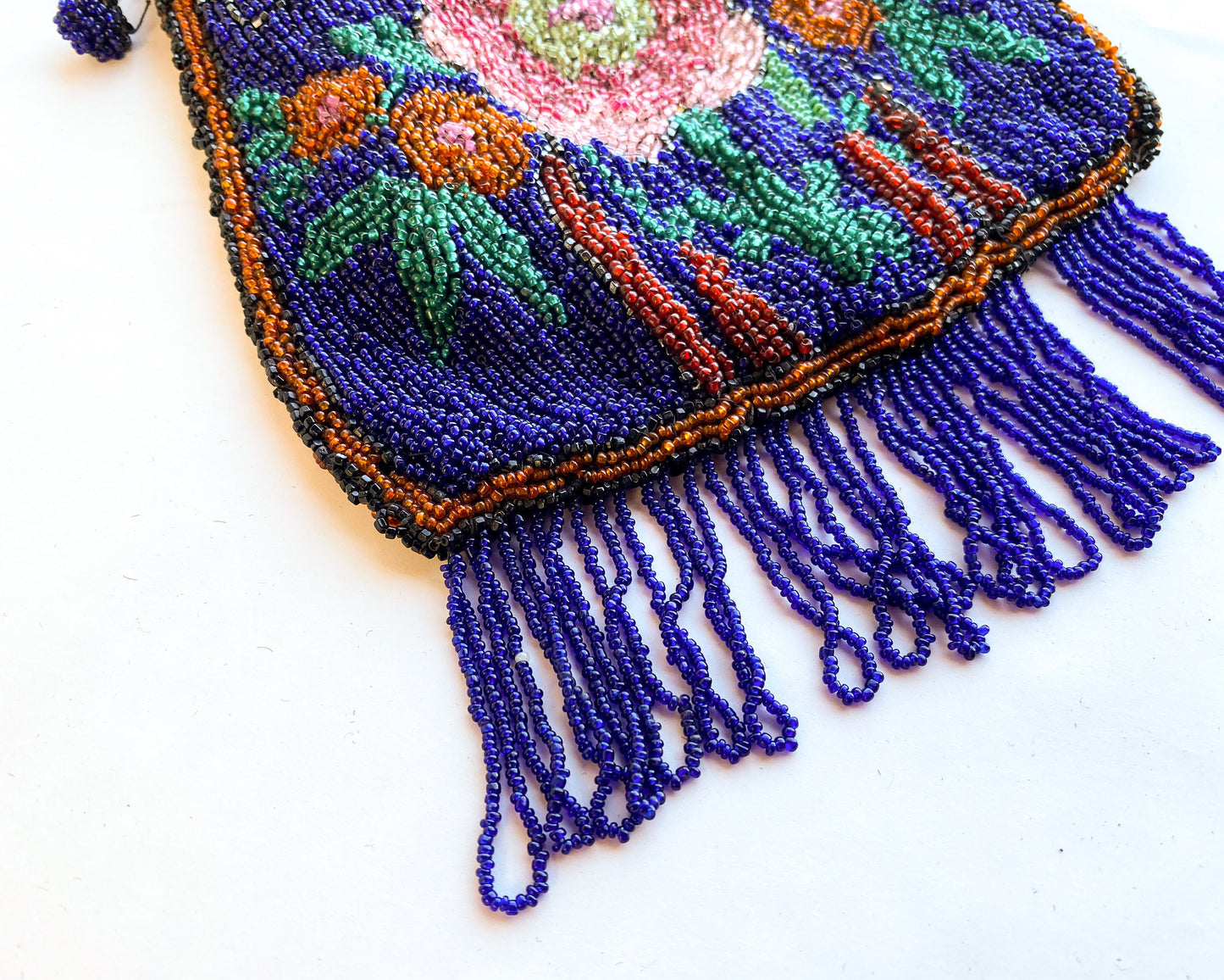 1900s Blue Floral Beaded Evening Bag | Blue & Pink Flower Beaded Handbag | Gustus Katz