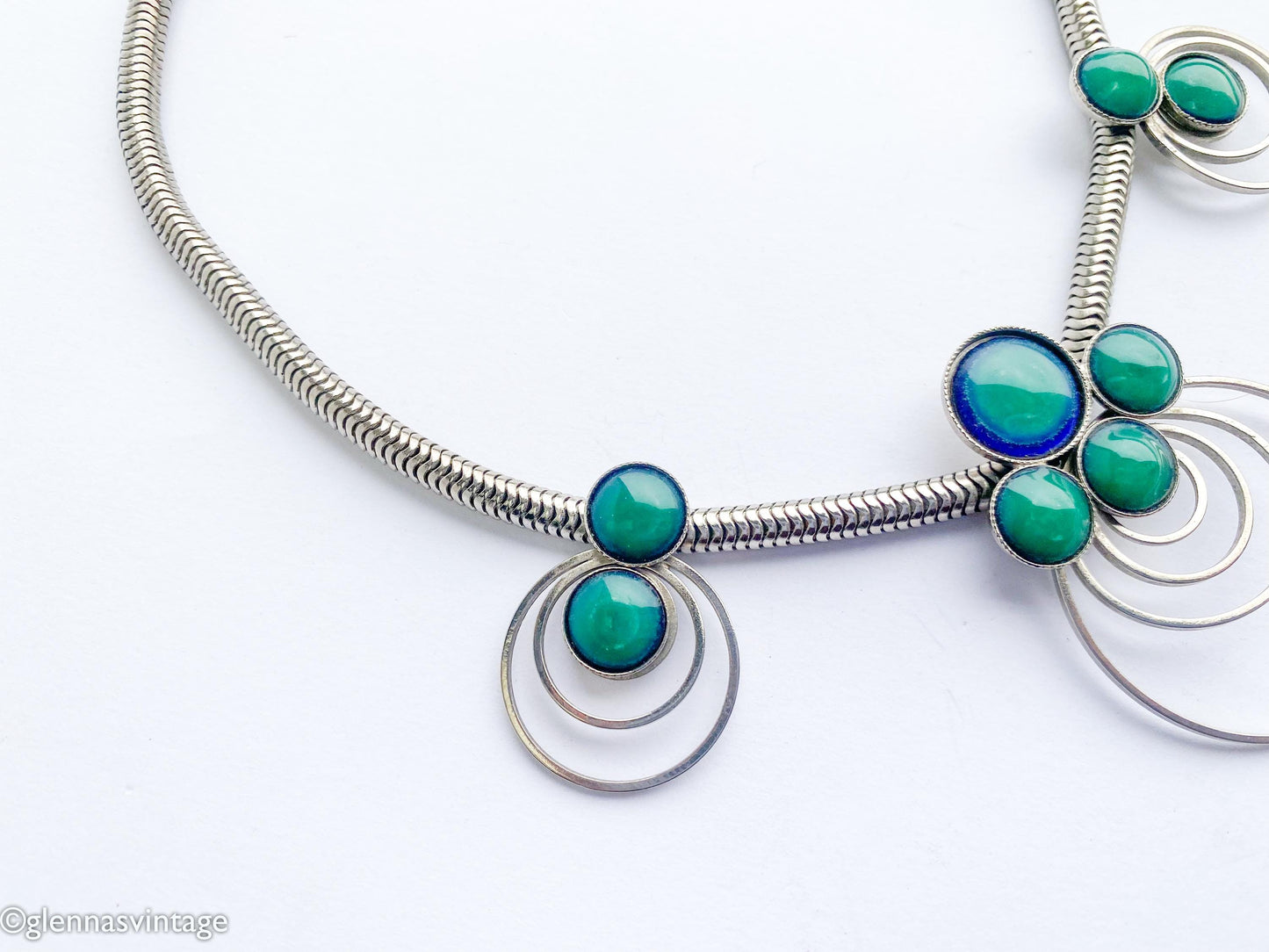 1960s Mod Necklace | Silver Circles, Green Glass Pendant
