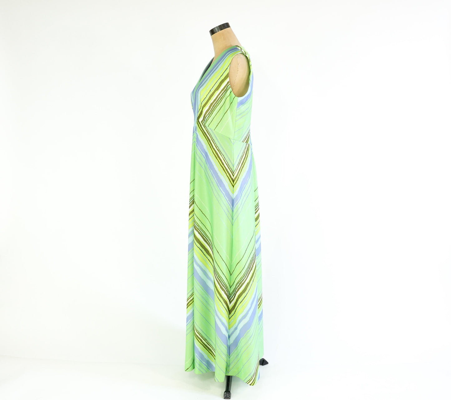1970s Green & Blue Chevron Striped Maxi, 34" Waist