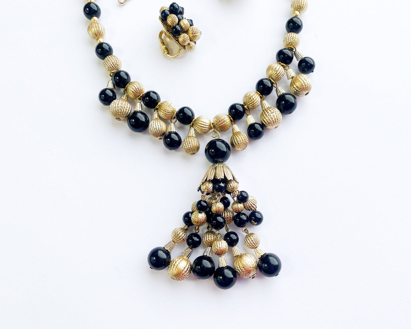 1960s Black & Gold Ball Necklace and Earrings Set