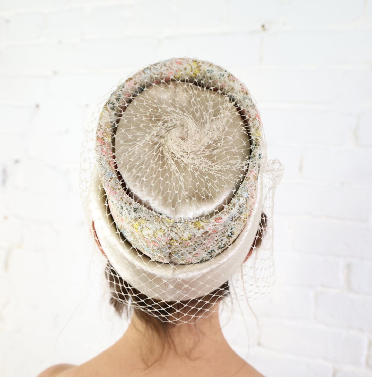 1960s Beige Velvet Brocade High Crown Hat