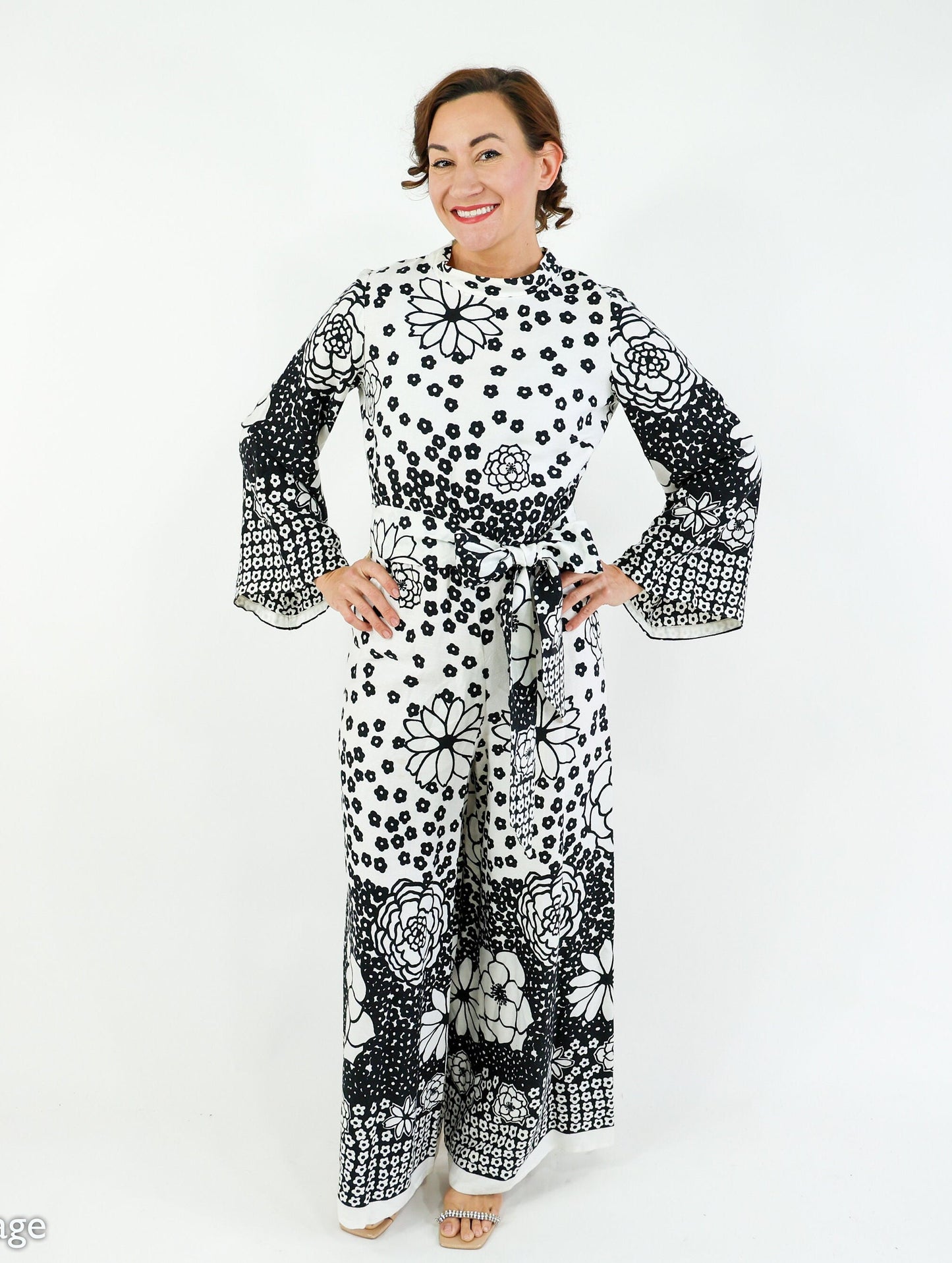 1970s Black & White Floral Print Jumpsuit with Wide Legs, Medium