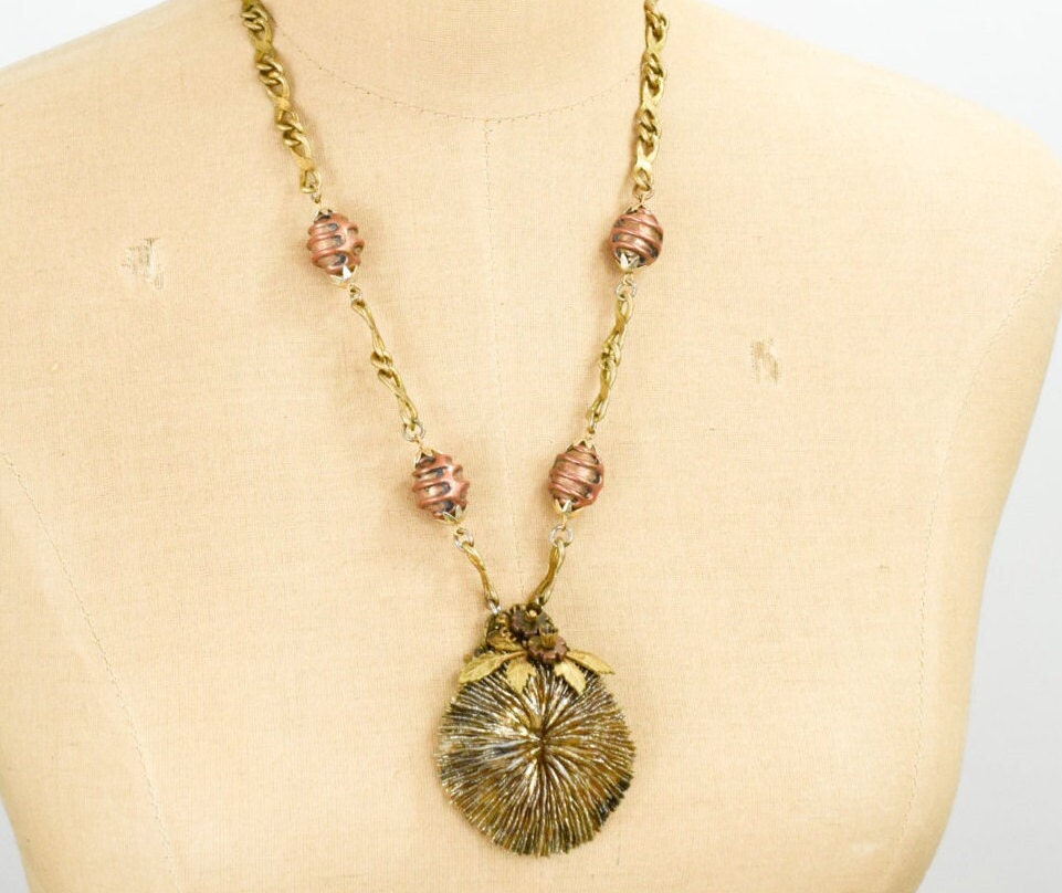 1970s  Copper & Brass Pendant Necklace | 70s Brass Anemone Necklace | Brutalist | Hippie