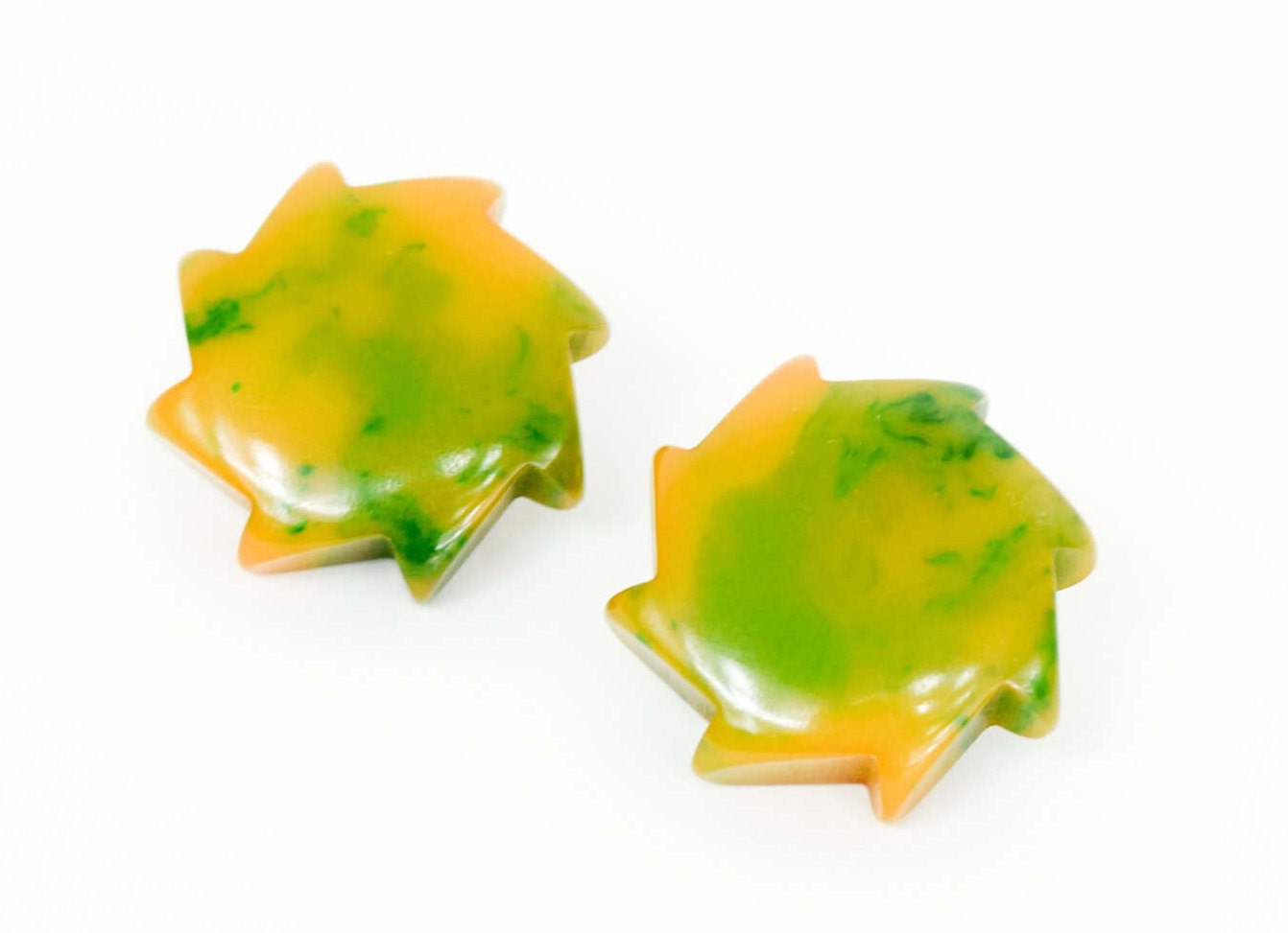 1940s Yellow & Green Bakelite Clip Earrings | 40s Marbled Green Bakelite Earrings