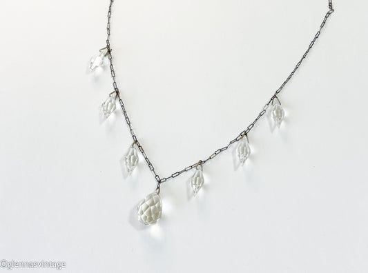 1930s Crystal Glass Pendant Necklace, Vintage Drop Necklace