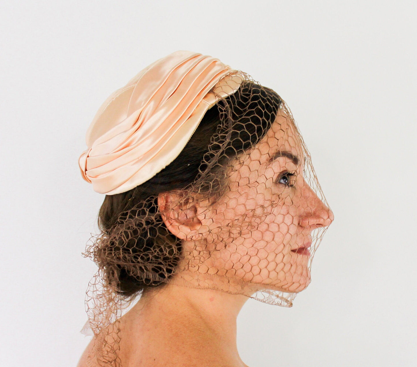 1950s Peach Satin Veil Hat, Bridal Hat