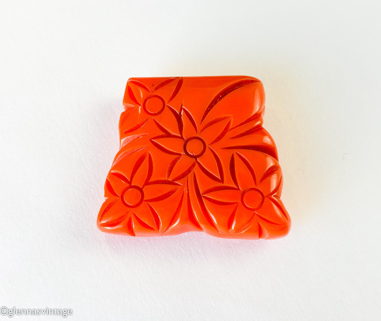 Vintage 1930s Orange Bakelite Dress Clip | Carved Floral Plastic Clip