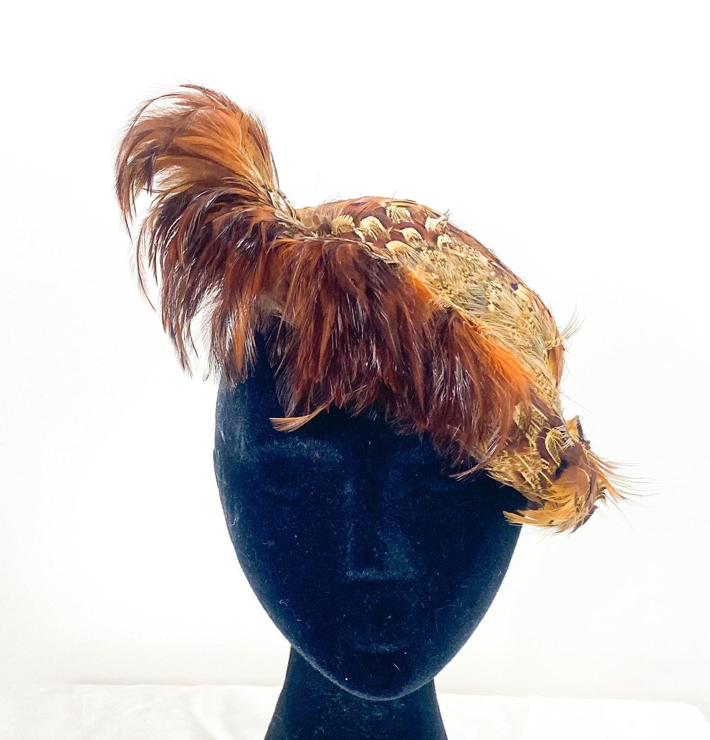 1940s Feather Fascinator Hat, Brown Quail Feather Saucer, Wool Felt
