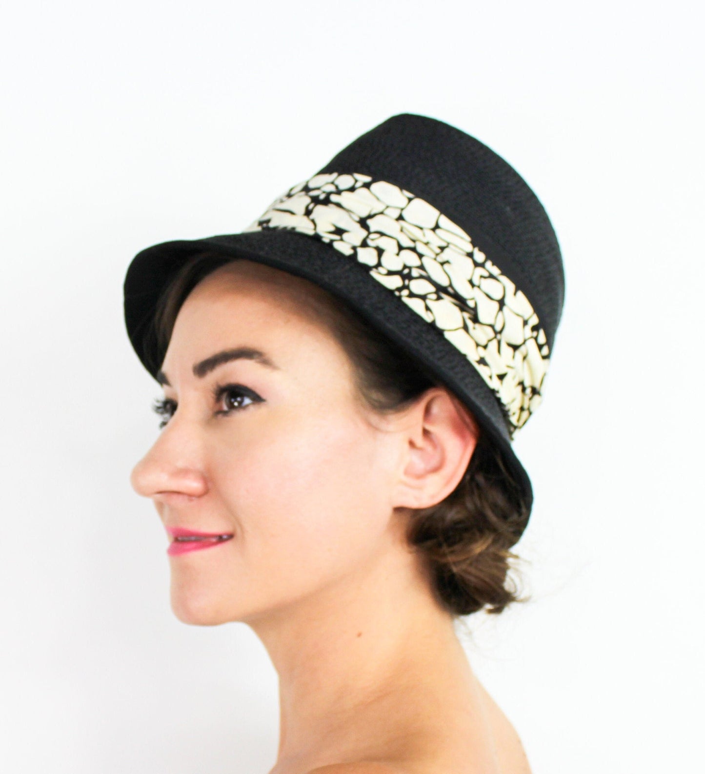 1960s Black Straw Bucket Hat, Model by Maxim