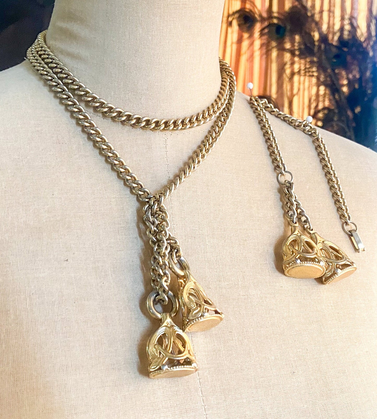 1950s Gold Metal Lariat Necklace & Bracelet Set