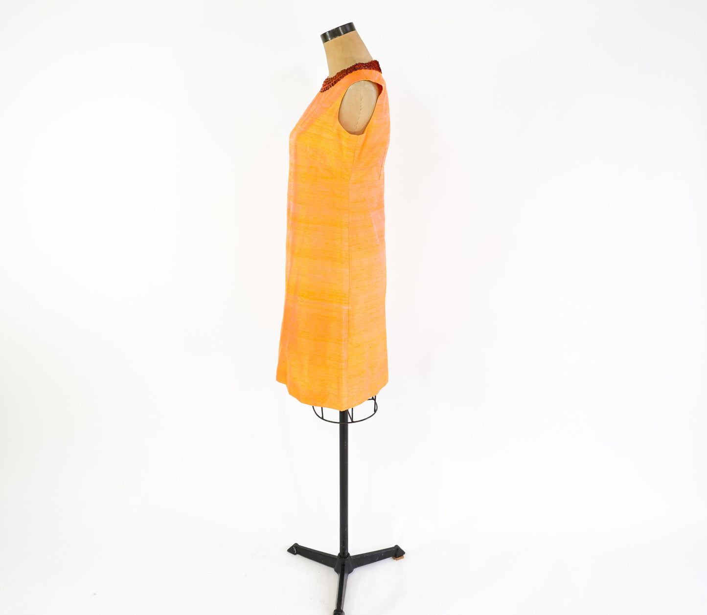 1960s Orange Silk Shift Dress | Sequin Collar, Medium