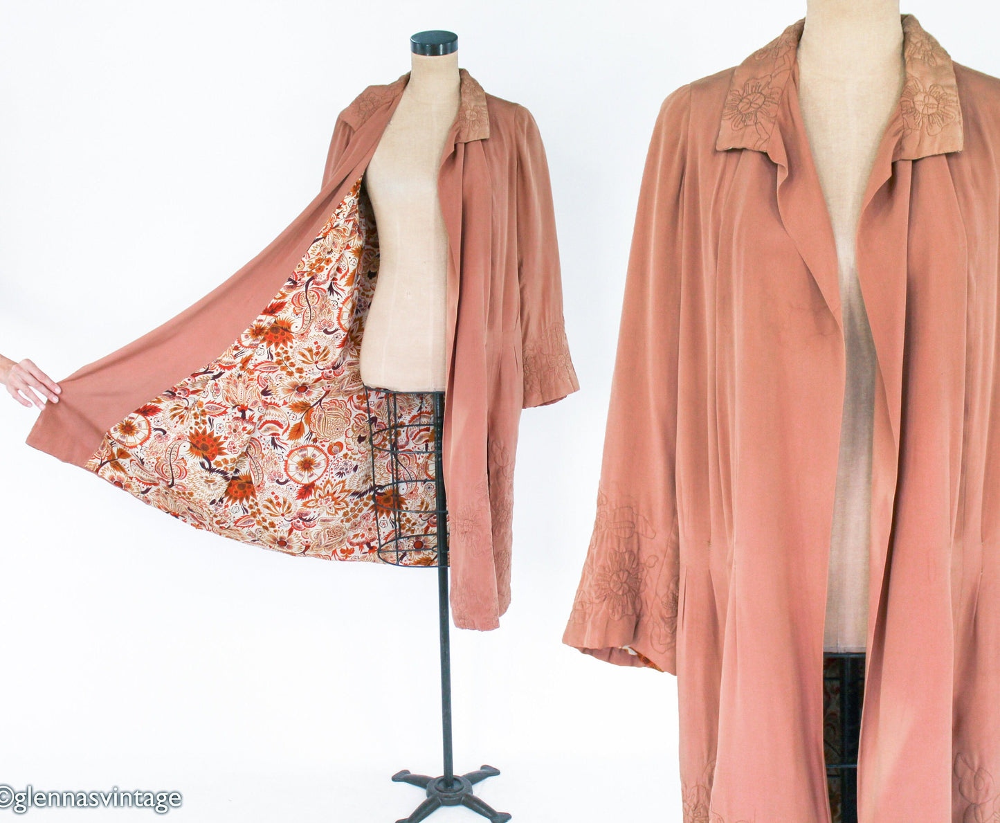 1910s Embroidered Taupe Silk Evening Coat | Antique Floral Trapunto