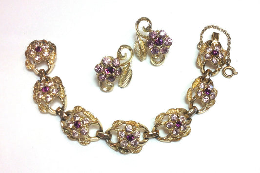 Coro | 1950s Lavender Rhinestone Flowers Bracelet Set | 50s Purple Bracelet & Earring Set | Purple Rhinestone Set | Coro