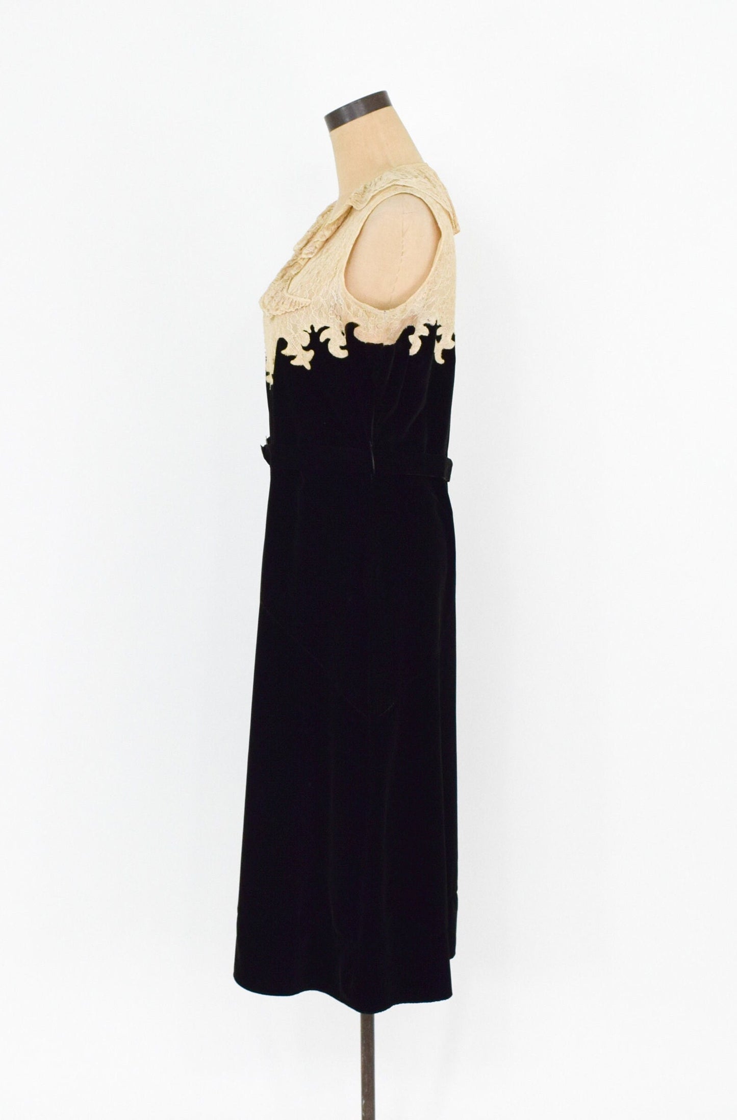 1920s Black Velvet Dress with Lace Bodice, Medium