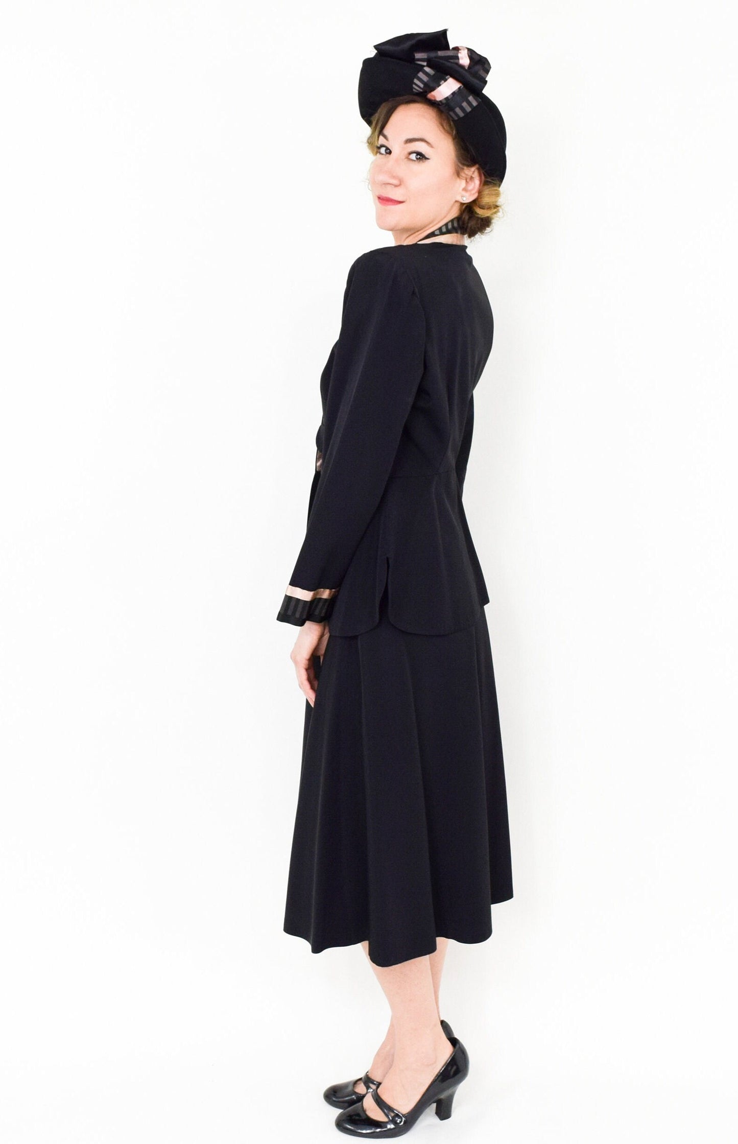 Vintage 1940s Doris Dodson Black Faille Suit | Black Pink Jacket & Skirt, Medium