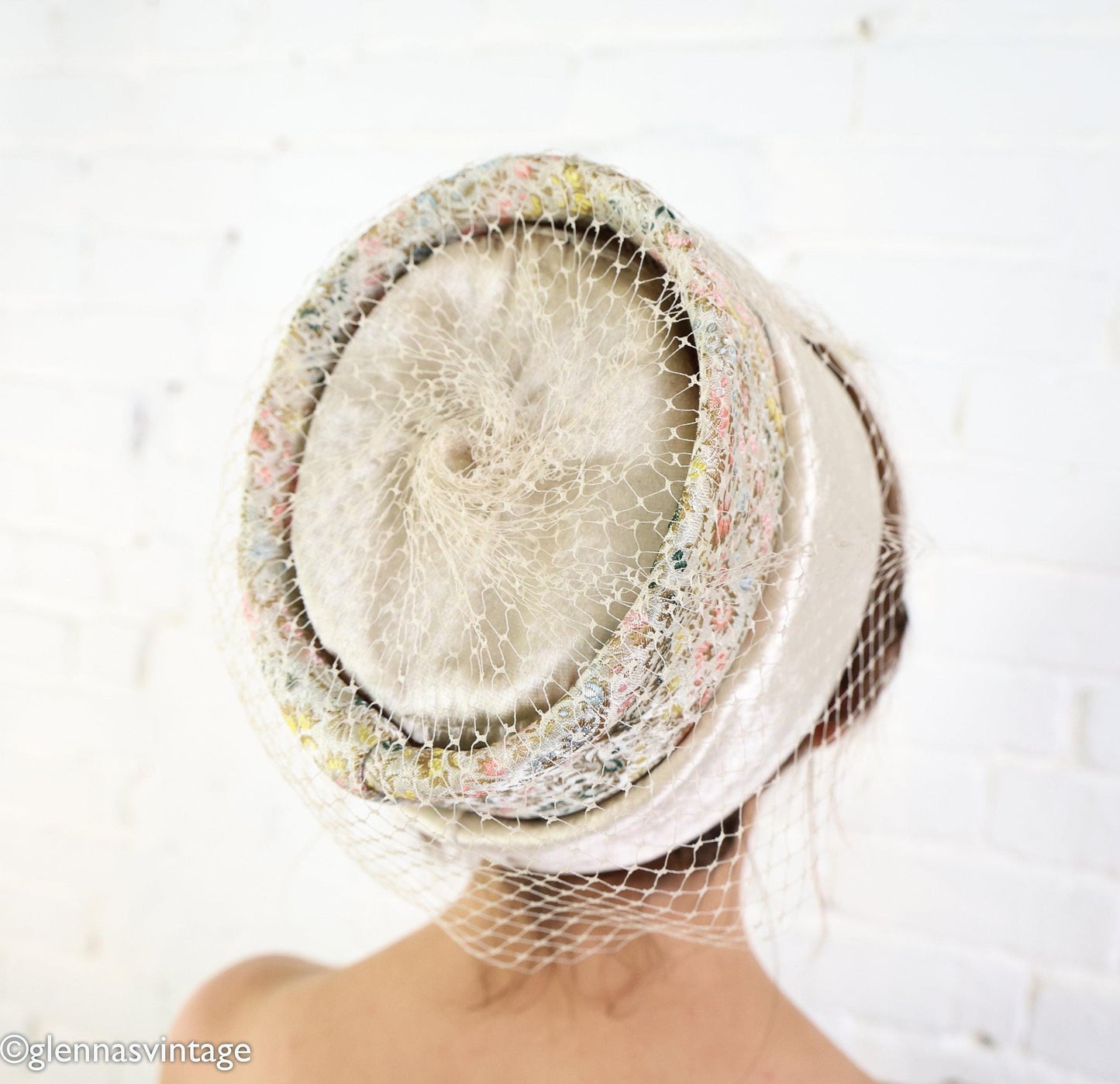 1960s Beige Velvet Brocade High Crown Hat