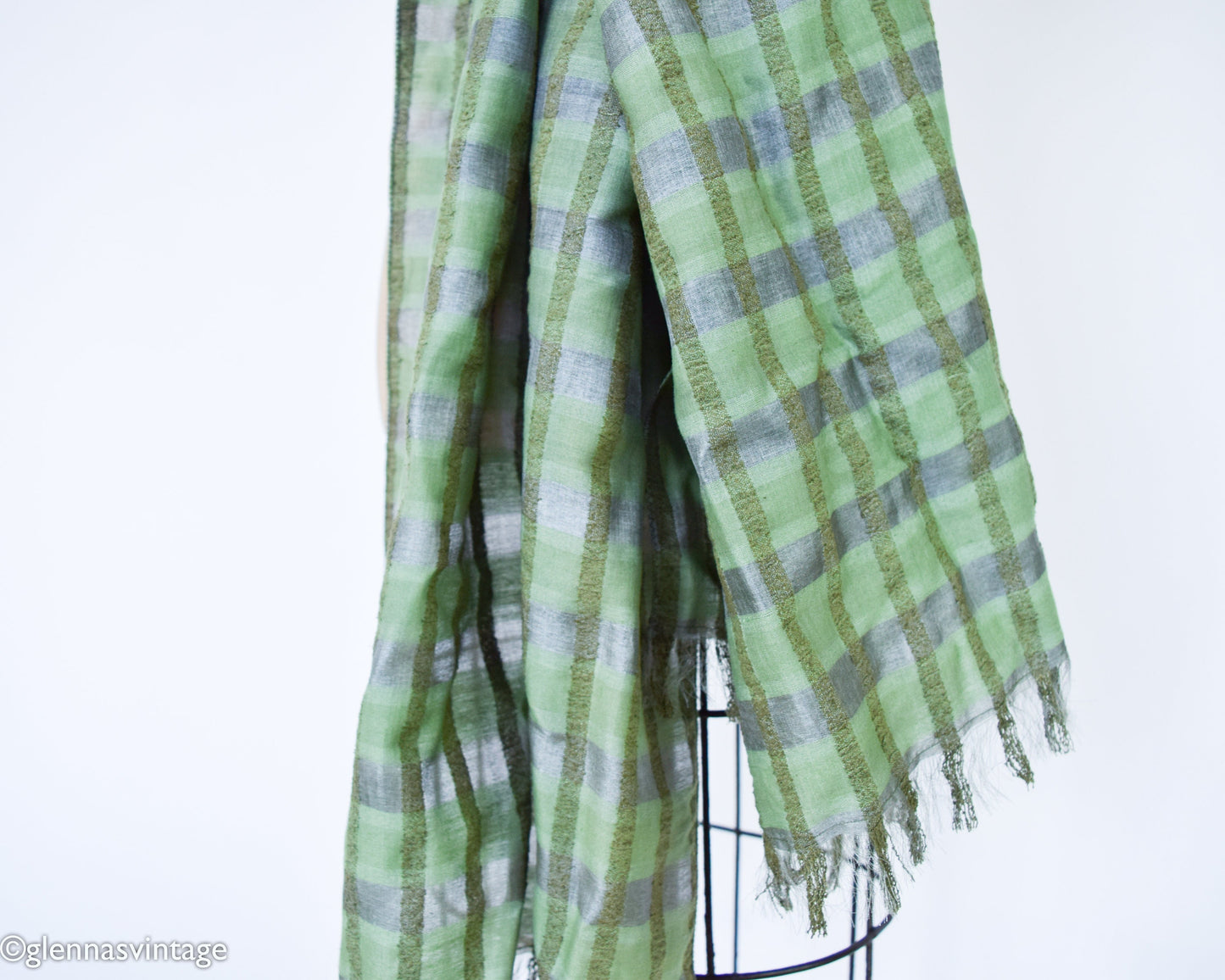 1980s Green Plaid Silk Cotton Scarf, Hand Woven in India